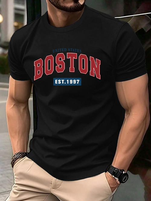 Men's Graphic T-Shirt Boston Red Letters With Blue Highlighted Year City Name