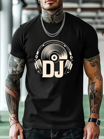 Men's Graphic T-Shirt DJ Lettering With Headphones Over Vinyl Record Under Studio Lights