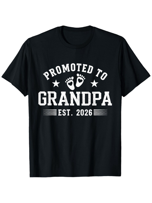 Men's Graphic T-Shirt Promoted To Grandpa Bold White Letters With Baby Footprints Graphic