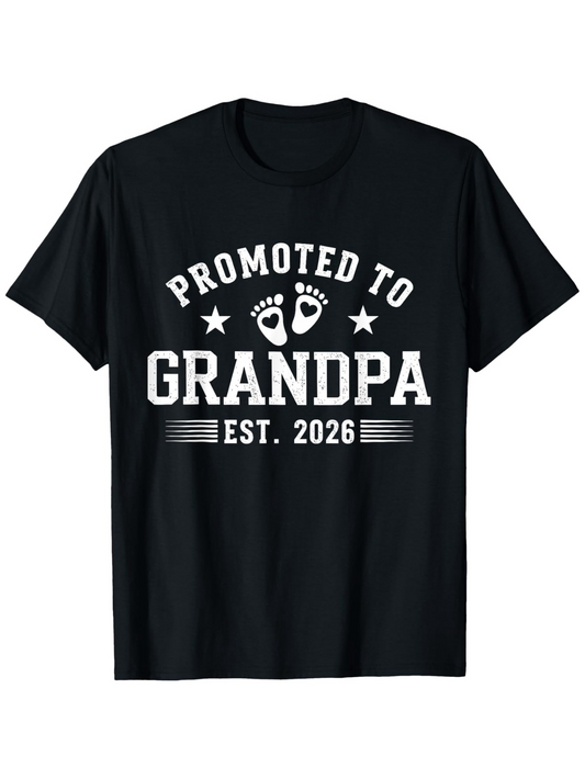 Men's Graphic T-Shirt Promoted To Grandpa Bold White Letters With Baby Footprints Graphic