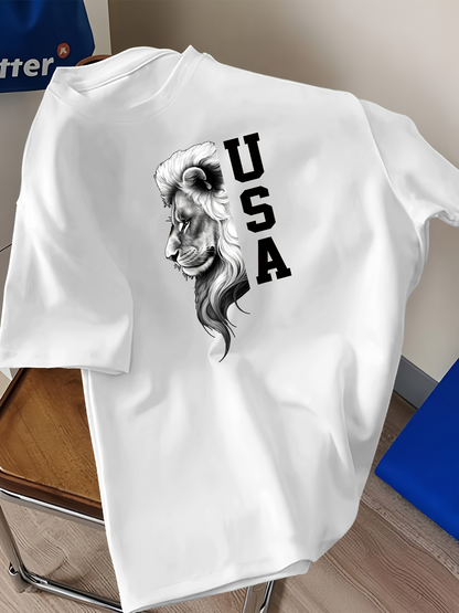 Men's Graphic T-Shirt USA Monochrome Artistic Mane Under Bold Black Typeface Lion