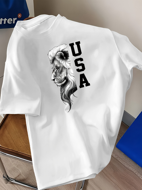 Men's Graphic T-Shirt USA Monochrome Artistic Mane Under Bold Black Typeface Lion