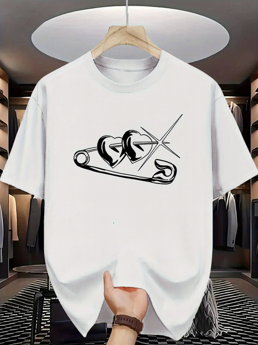 Men's Graphic T-Shirt Abstract Safety Pin With Overlapping Shaded Heart Motif Design