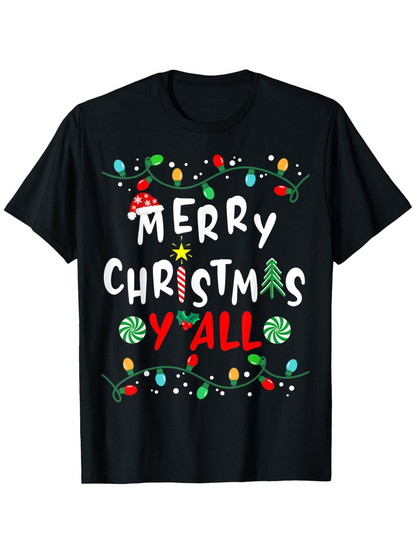 Men's Graphic T-Shirt Merry Christmas Yall Festive Holiday Lights Candy Cane Tree T Shirt