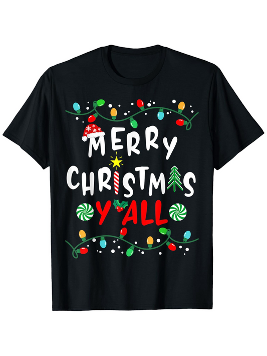 Men's Graphic T-Shirt Merry Christmas Yall Festive Holiday Lights Candy Cane Tree T Shirt