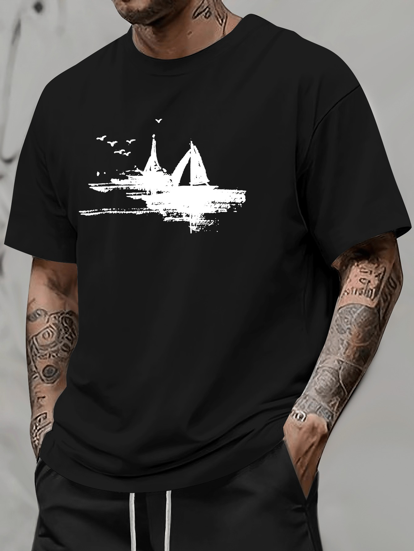 Men's Graphic T-Shirt Birds Flying Over Calm Water With Sailboat Reflection