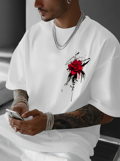 Men's Graphic T-Shirt Dripping Ink Strokes With Vivid Red Rose Blooming Flower