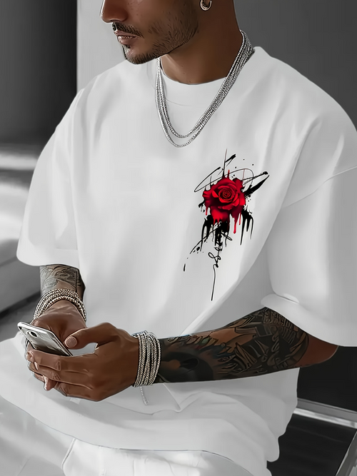 Men's Graphic T-Shirt Dripping Ink Strokes With Vivid Red Rose Blooming Flower