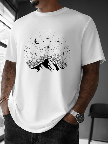 Men's Graphic T-Shirt Starry Night Sky Above Snow Capped Mountains And Crescent Moon