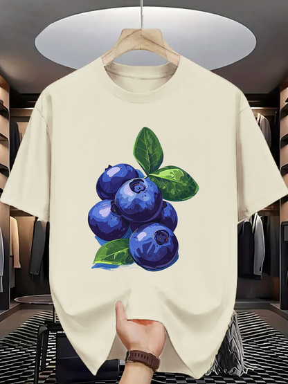Men's Graphic T-Shirt Vibrant Watercolor Blueberries Cluster With Green Lush Leaves Blueberry