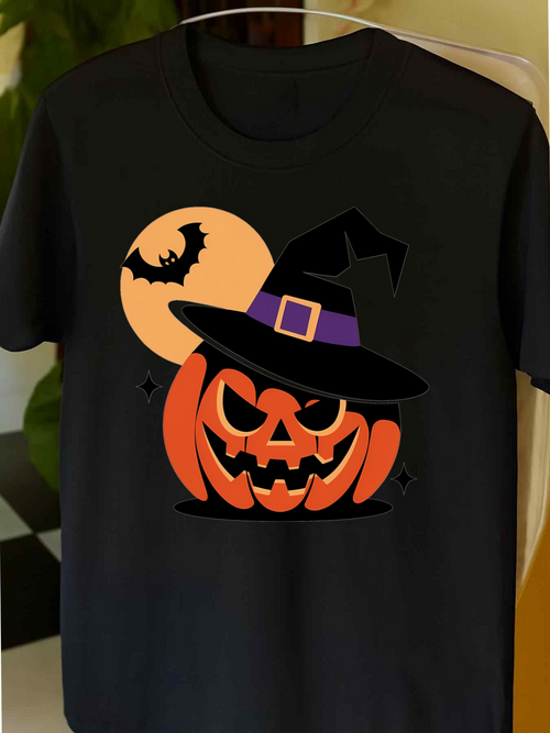 Men's Graphic T-Shirt Glowing Harvest Moon With Witch Hat Wearing Smiling Pumpkin