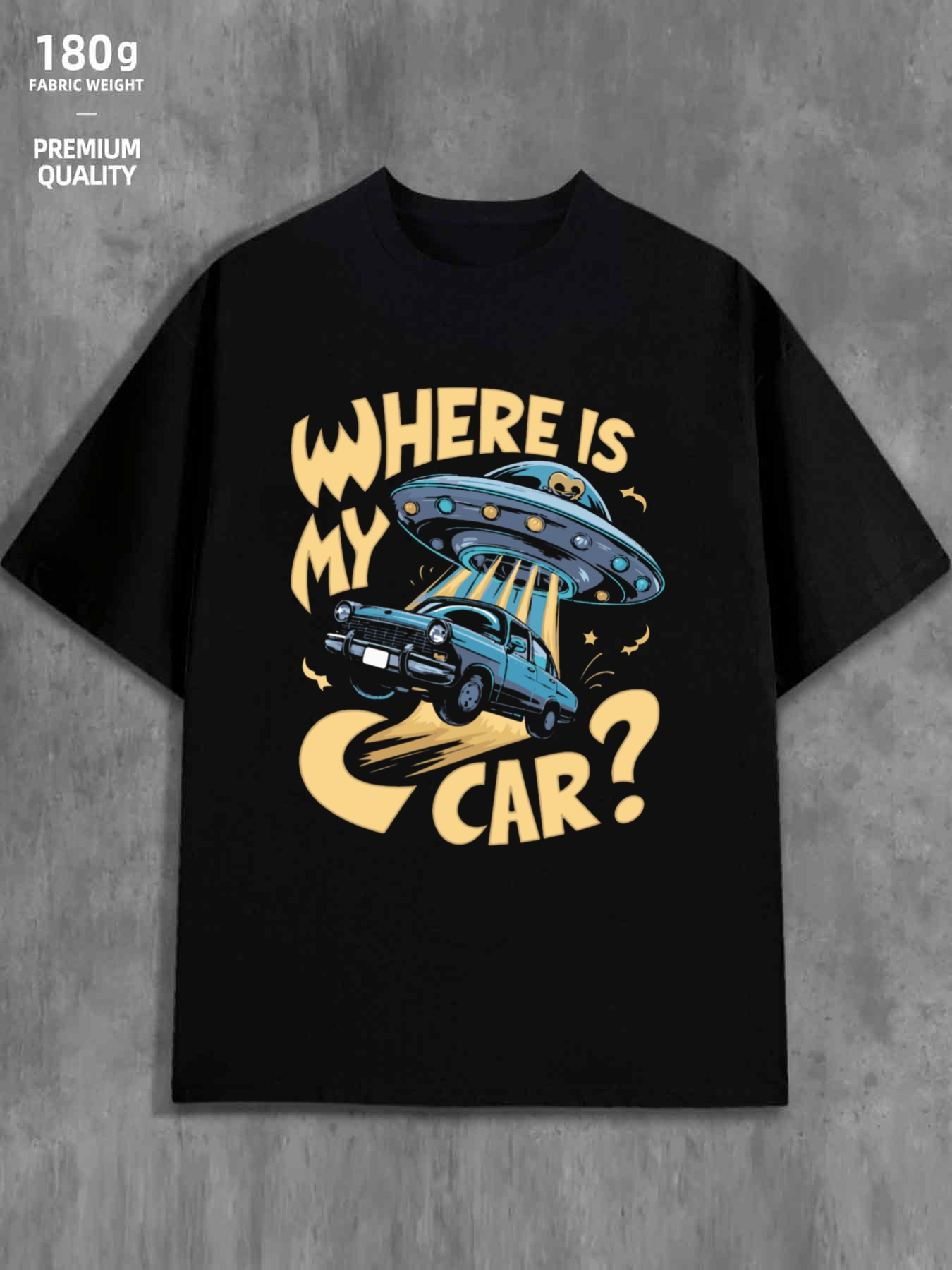 Men's Graphic T-Shirt Where Is My Car Playful Cartoon UFO Abducting Classic Sedan Under Night Sky