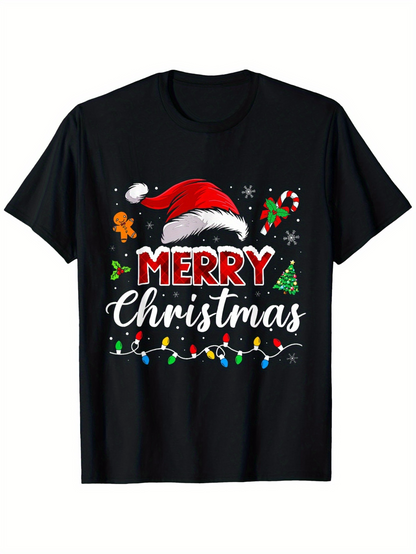 Men's Graphic T-Shirt Merry Christmas Festive Lights Snowflakes With Candy And Santa Hat