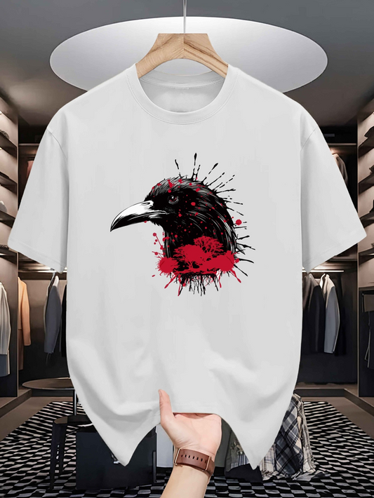 Men's Graphic T-Shirt Splattered Artistic Brush Strokes With Deep Red Accents Raven Head