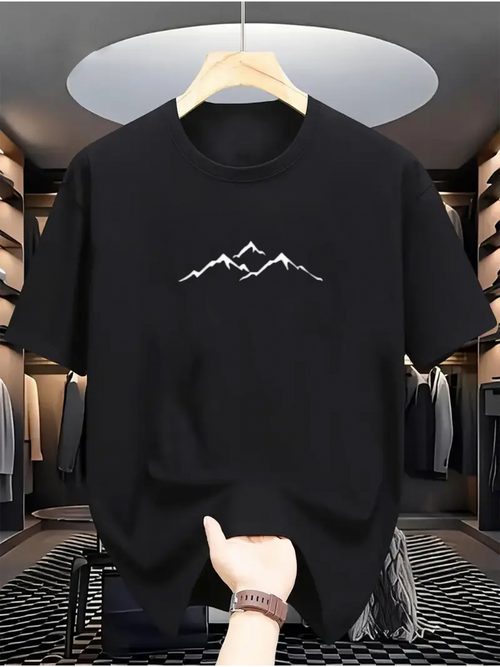Men's Graphic T-Shirt Minimalist Snow Peaks Outlined Under Evening Shadow Mountain