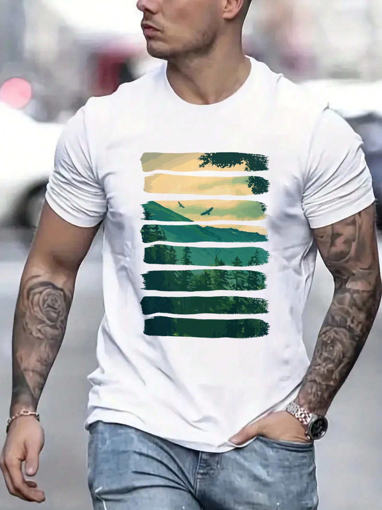 Men's Graphic T-Shirt Abstract Green Sunrise Landscape With Silhouetted Birds Across Brushstroke Stripes