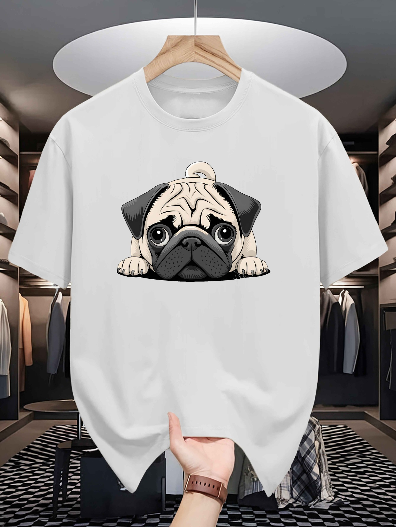 Men's Graphic T-Shirt Adorable Cartoon Pug Resting Under Soft White Light Dog