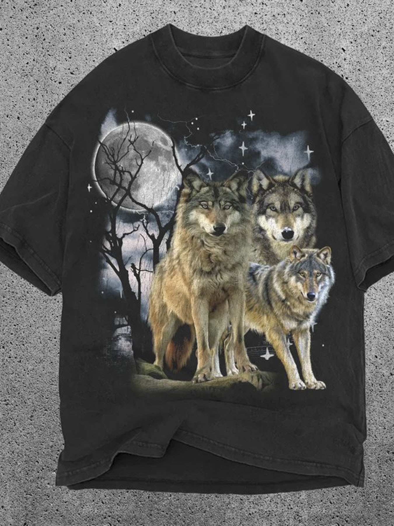Men's Graphic T-Shirt Full Moon Misty Night With Trees And Three Wolves
