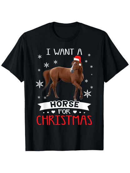 Men's Graphic T-Shirt I Want A Horse For Christmas With Snowflakes Santa Hat Festive Lights And Brown Horse