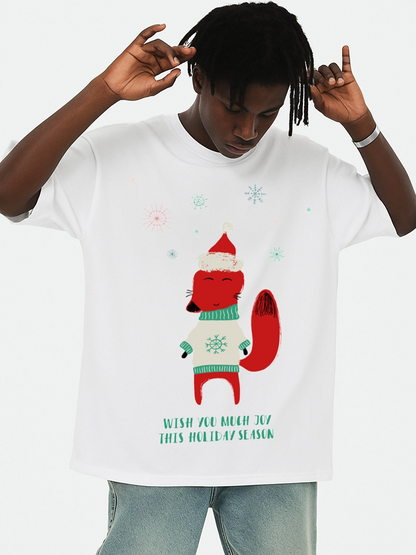 Men's Graphic T-Shirt Snowflakes Festive Outfit With Red Scarf Happy Christmas Fox