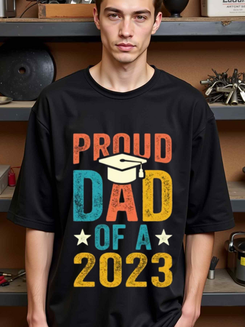 Men's Graphic T-Shirt Proud Dad Of A Graduation Year Star Motif With Colorful Lettering