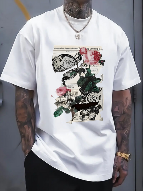 Men's Graphic T-Shirt Layered Vintage Botanical Illustrations With Varied Roses And Leaves Collage