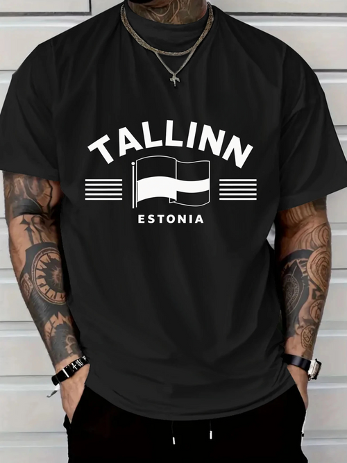 Men's Graphic T-Shirt Tallinn Estonia Flag And Modern Geometric Lines Centered Flag