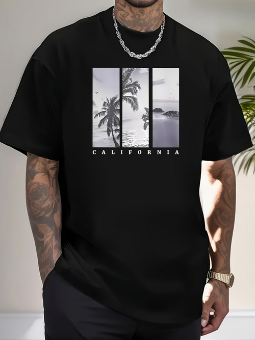 Men's Graphic T-Shirt California Monochrome Coastal Palms Framed By Vertical Panels T Shirt