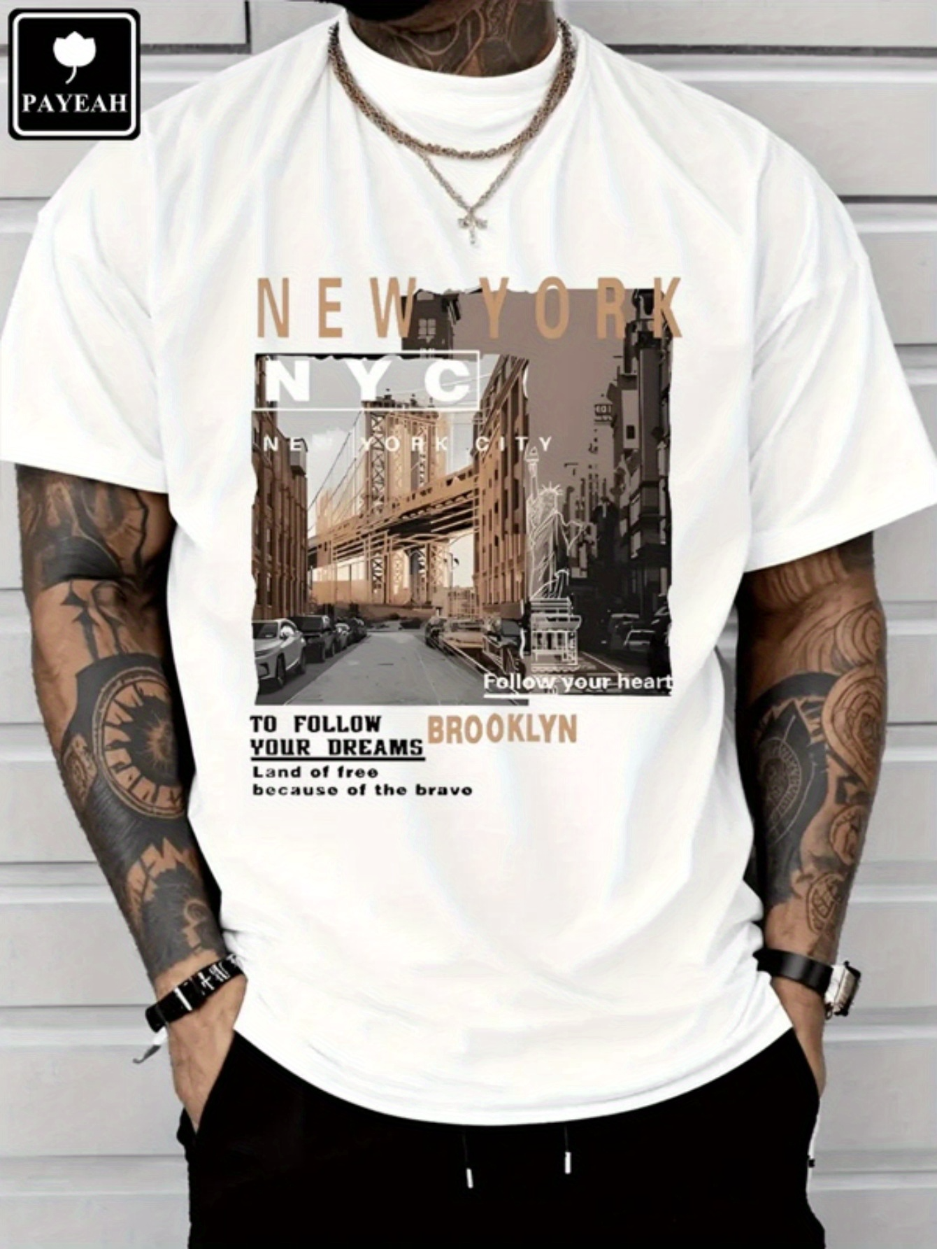 Men's Graphic T-Shirt New York Cityscape With Downtown Bridge Urban Street Scene