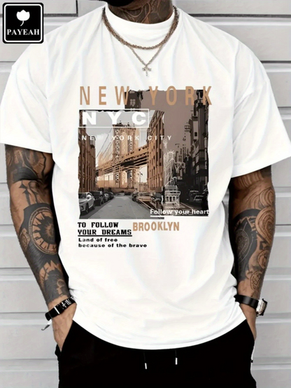Men's Graphic T-Shirt New York Cityscape With Downtown Bridge Urban Street Scene