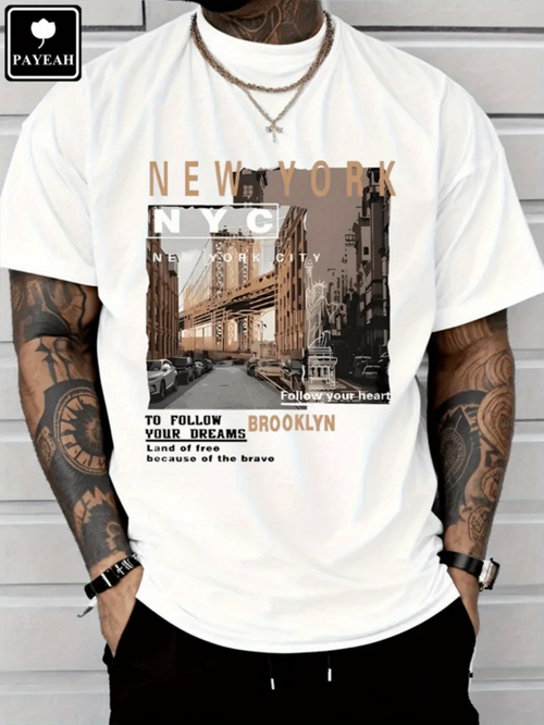 Men's Graphic T-Shirt New York Cityscape With Downtown Bridge Urban Street Scene