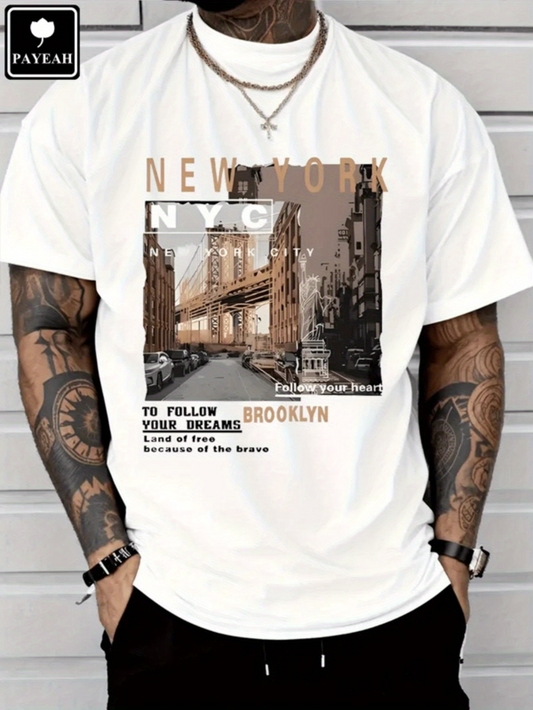 Men's Graphic T-Shirt New York Cityscape With Downtown Bridge Urban Street Scene