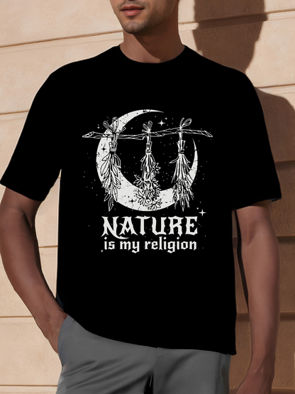 Men's Graphic T-Shirt Nature Is My Religion Hanging Feathers Under Crescent Moon Dreamcatcher