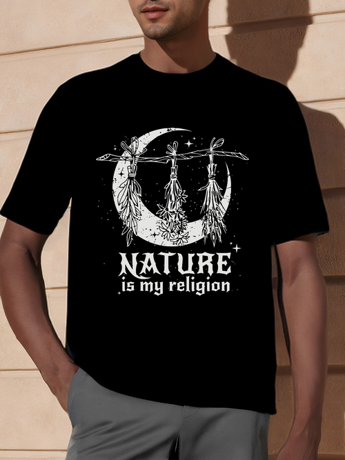 Men's Graphic T-Shirt Nature Is My Religion Hanging Feathers Under Crescent Moon Dreamcatcher