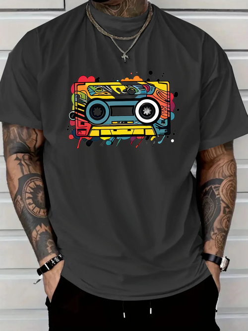 Men's Graphic T-Shirt Vibrant Graffiti Style With Retro Neon Colored Boombox