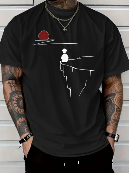 Men's Graphic T-Shirt Silhouette Figure Sitting Overlooking Cliff Edge With Red Sunset