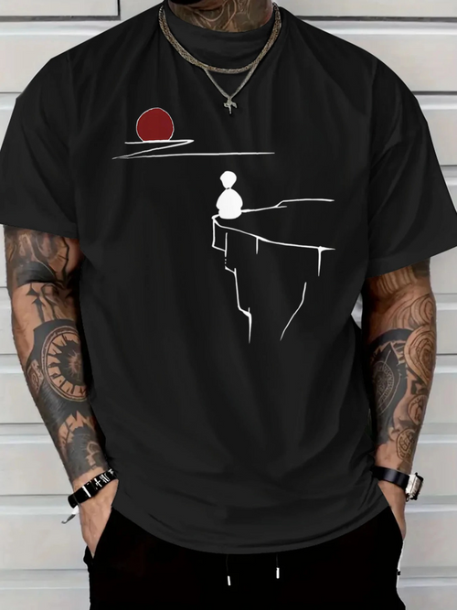 Men's Graphic T-Shirt Silhouette Figure Sitting Overlooking Cliff Edge With Red Sunset