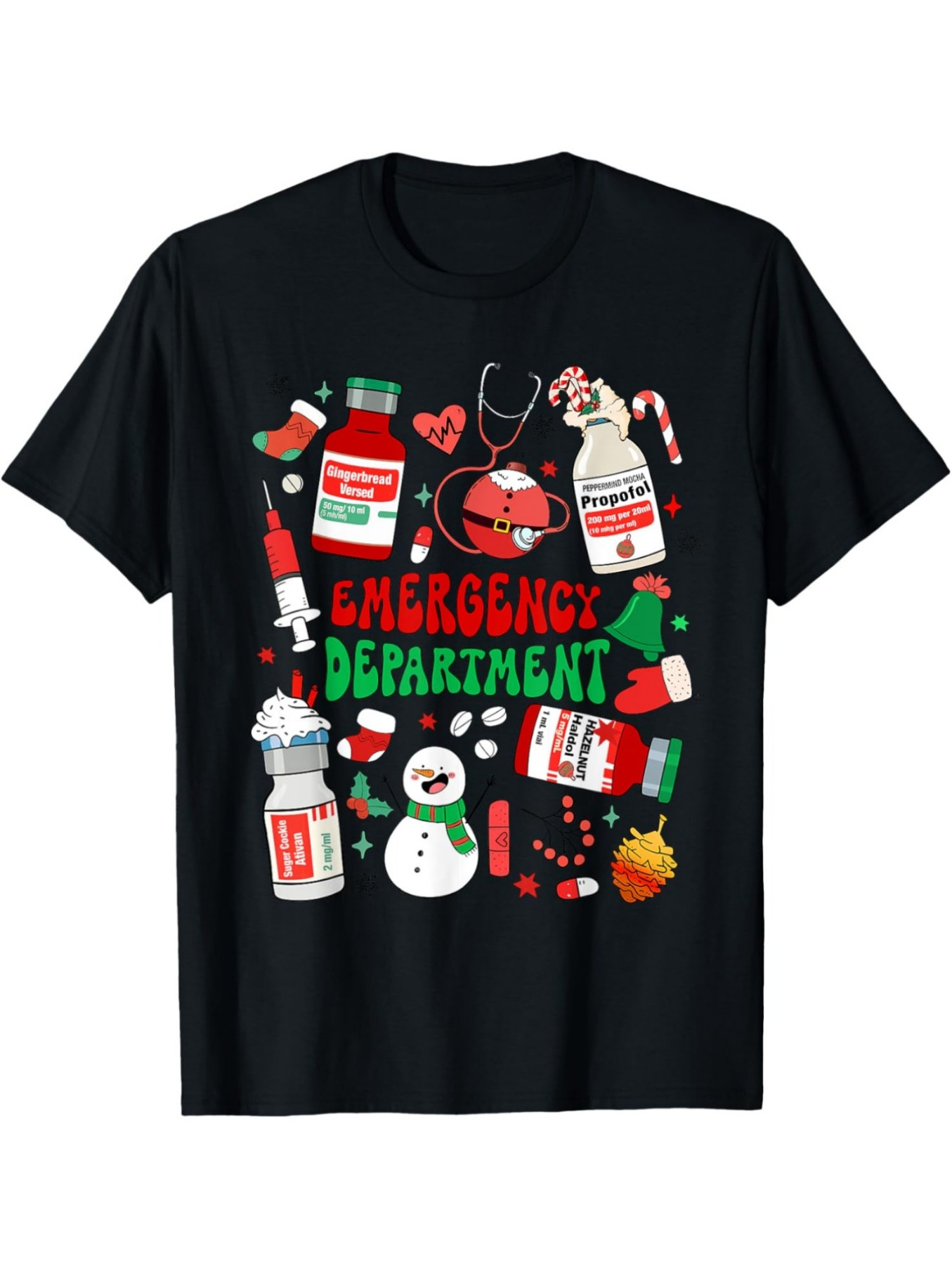 Men's Graphic T-Shirt Emergency Department Christmas Styled Medical Bottles With Stethoscope And Snowman
