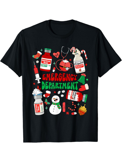 Men's Graphic T-Shirt Emergency Department Christmas Styled Medical Bottles With Stethoscope And Snowman