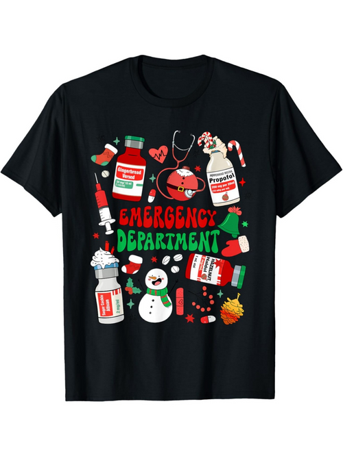 Men's Graphic T-Shirt Emergency Department Christmas Styled Medical Bottles With Stethoscope And Snowman