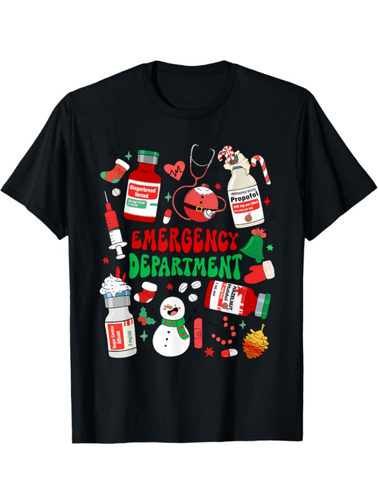 Men's Graphic T-Shirt Emergency Department Christmas Styled Medical Bottles With Stethoscope And Snowman