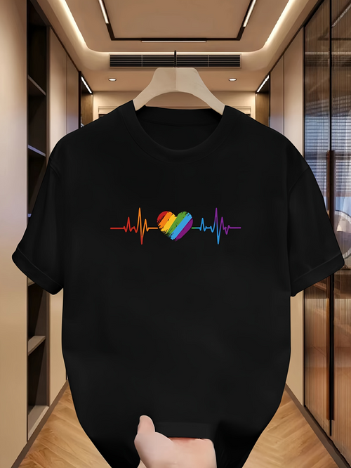 Men's Graphic T-Shirt Colorful Pulse Lines And Vibrant Rainbow Heart Design