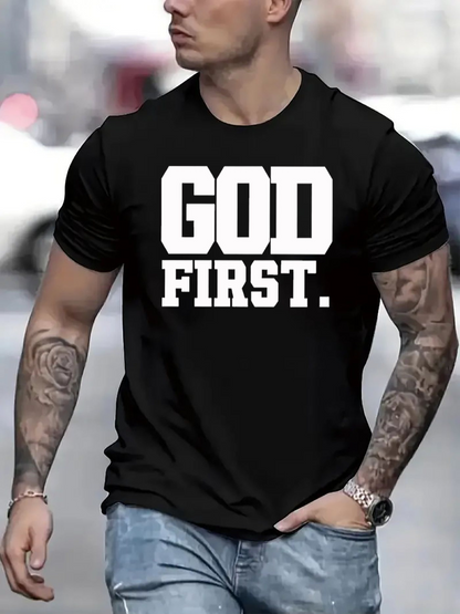 Men's Graphic T-Shirt Bold White Block Letters With Inspirational Faithful Religious Message God First