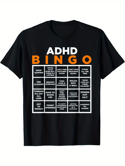 Men's Graphic T-Shirt Funny Bingo Chart With ADHD Quotes On Black Shirt
