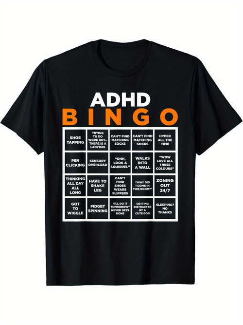 Men's Graphic T-Shirt Funny Bingo Chart With ADHD Quotes On Black Shirt