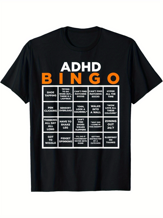 Men's Graphic T-Shirt Funny Bingo Chart With ADHD Quotes On Black Shirt