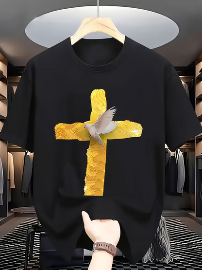Men's Graphic T-Shirt Golden Painted Cross With White Dove Flying Over Center