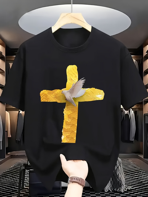 Men's Graphic T-Shirt Golden Painted Cross With White Dove Flying Over Center