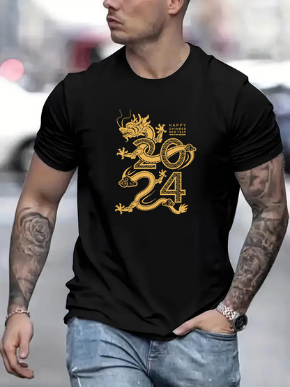 Men's Graphic T-Shirt Golden Dragon With Year Numbers Forming Festive Street Dragon