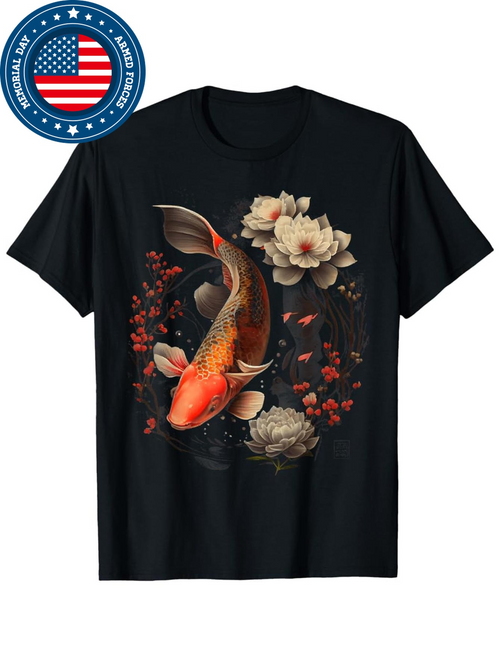 Men's Graphic T-Shirt Golden Scales With Floating White Flowers Beside Lush Peonies Koi Fish